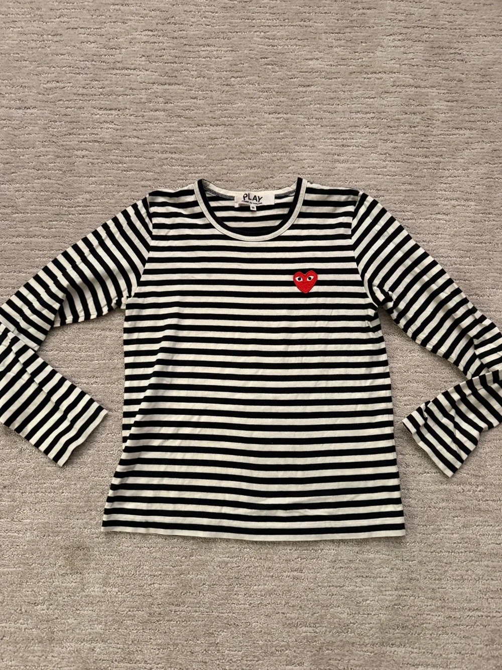 Authentic Comme Des Garçons Black & White Striped Long Sleeve Tee with Red Heart